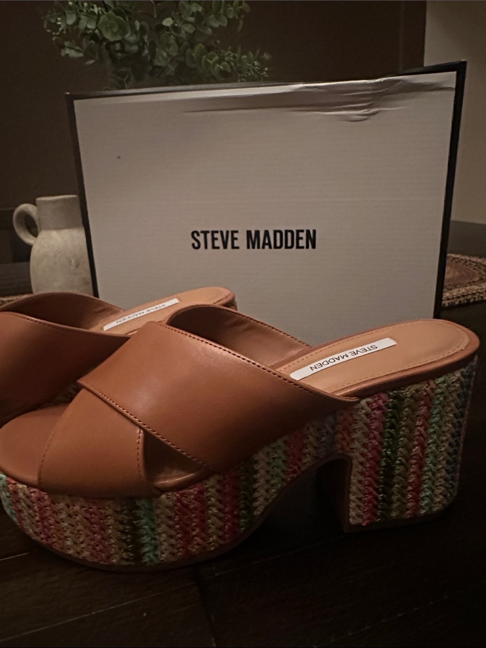 Steve Madden Tan Platform Mules with Multicolor Woven Heel